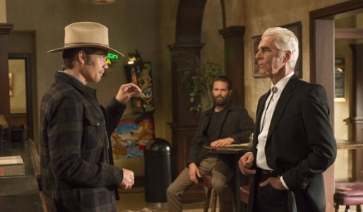 JUSTIFIED -- "Alive Day" -- Episode 606 (Airs Tuesday, February 24, 10:00 pm e/p) -- Pictured: (L-R) Timothy Olyphant as Deputy U.S. Marshal Raylan Givens, Garret Dillahunt as Ty Walker, Sam Elliott as Avery Markham -- CR: Prashant Gupta/FX